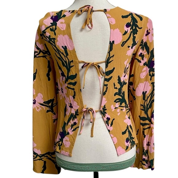 Marimekko Designer Mustard Floral Open Back Bell Sleeve Blouse XS - Picture 11 of 16